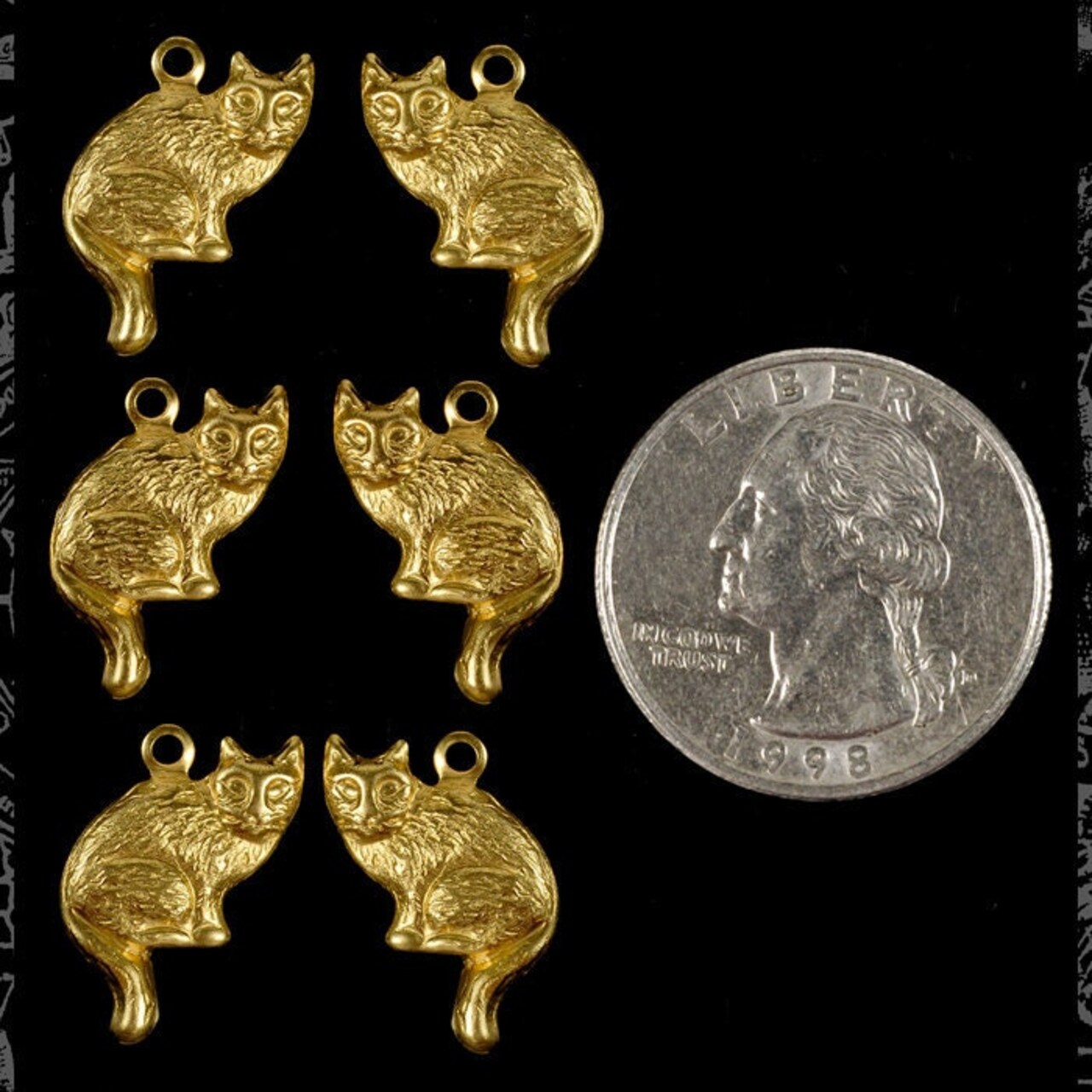 Raw Brass Sitting Cat Charms - Three Sets of Two Facing Each Other - B-C60